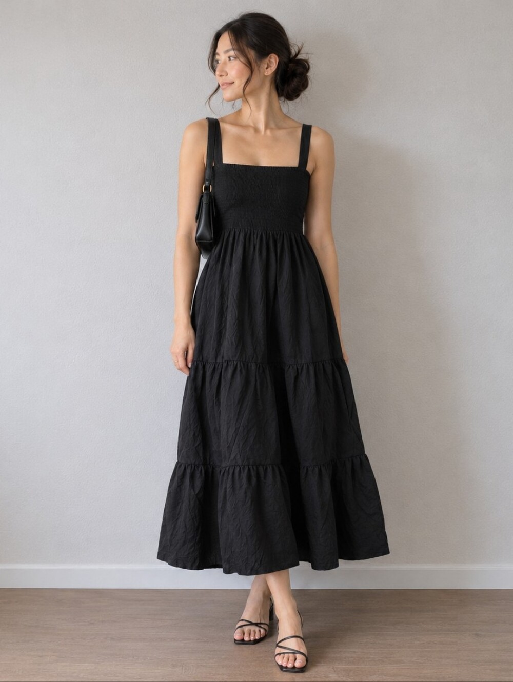 Zara Black Smocked Tiered Maxi Dress